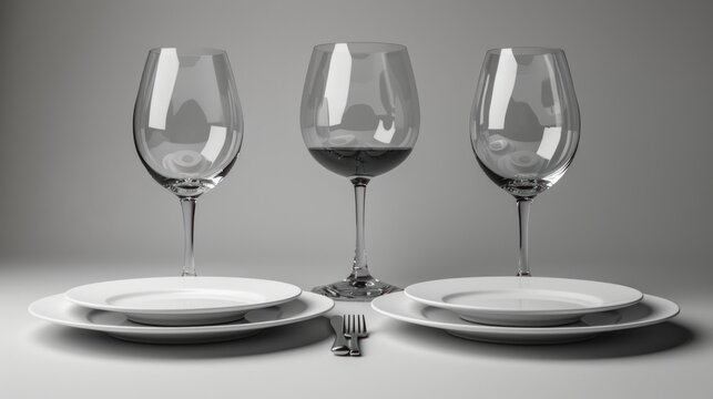 a set of three wine glasses sitting on top of a table next to a plate with a fork and knife.