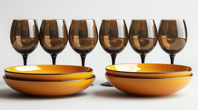 a group of wine glasses sitting next to each other on top of a yellow bowl on top of a white table.
