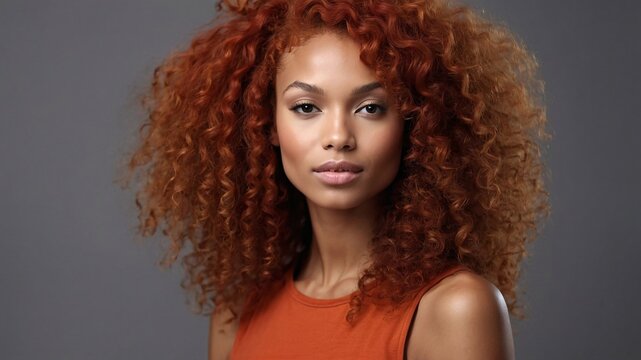 beautiful smirking curly redhead american african woman with healthy skin looks at the camera. natural makeup of a young beautiful model on a studio background. cosmetic concept.