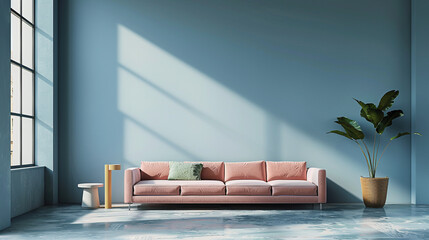 Un salón contemporáneo  con un sofá rosa y una maceta sin muebles. La habitación es luminosa y espaciosa, con una gran ventana por la que entra mucha luz natural. - obrazy, fototapety, plakaty