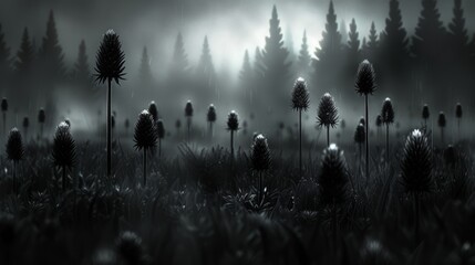  a black and white photo of a foggy forest with tall grass and flowers in the foreground and a full moon in the background.