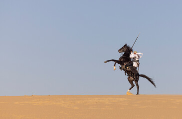 Rider in the desert of Saudi Arabia with his back stallion