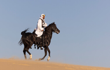 Rider in the desert of Saudi Arabia with his back stallion