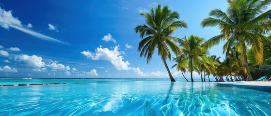 Fototapeta na wymiar Tropical Paradise. Island Palm Trees, Swimming Pools, and Sunshine on a Perfect Sunny Day.