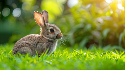 Fototapeta premium cute rabbit on green meadow with beautiful light .