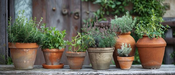 Fototapeta na wymiar Herbal Haven. Creating a Garden Oasis by Arranging Herbs in Rustic Terracotta Pots.