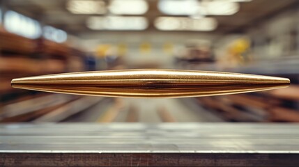 Obraz premium a close up of a gold object on a table in a store with shelves and other items in the background.