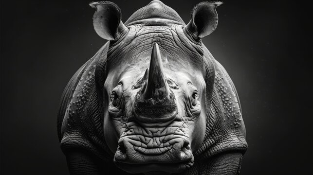  a black and white photo of a rhino's face with its mouth open and it's tongue out.