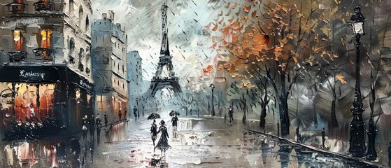 Parisian Noir, Moody Rainy Day in Vintage Style, Captured in an Oil Painting with Rich Gold and Silver Tones, Evoking the Timeless Elegance of the City of Light. - obrazy, fototapety, plakaty