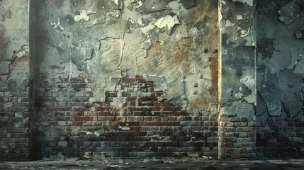Fotobehang A crumbling old wall stands tall, its weathered bricks telling stories of the past. Rendered in a gritty, realistic style, this image captures the essence of history and decay  © Suradet Rakha