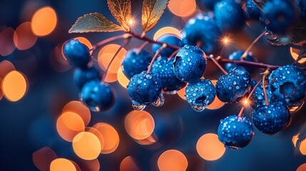  a close up of berries on a branch with a blurry background of boke of lights in the background.