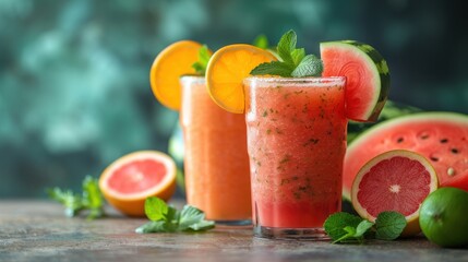 two glasses of watermelon, lime, and grapefruit smoothie next to sliced watermelon and limes.