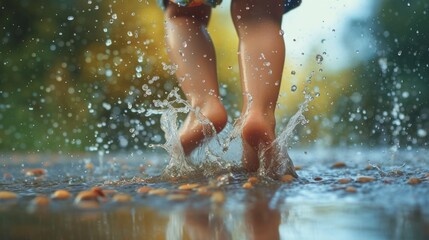 Toddler bare feet jumping and splashing in a puddle, creating water droplets. Small child playing outdoors in nature during summer or spring season