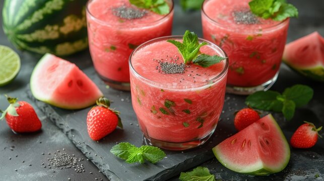 three glasses of watermelon smoothie with mint sprinkles and sliced watermelon on the side.