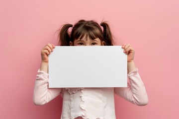 Young girl holding with pigtails covering her face with a  blank white paper on pink background