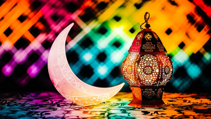A vibrant and colorful Ramadan-themed photo with a crescent moon and a lantern in the foreground