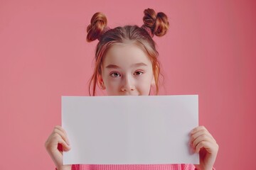 Young girl with pigtails holding blank white paper on pink background