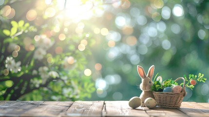 Blank empty wood table top with bunny rabbit and basket of easter eggs with blurred spring tree...