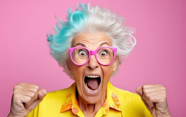 Funny elderly woman with silly expression makes gestures, happily and feels proud of her success, smiles gladfully