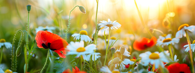 Chamomiles and Poppies in a Sunny Meadow - Morning