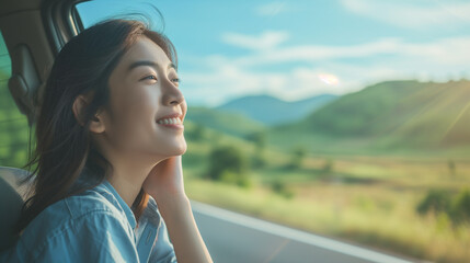 Asian woman on road, enjoying window view of nature and traveling holiday road trip - obrazy, fototapety, plakaty