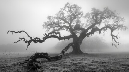  a black and white photo of a large tree in a foggy field with a fence in the foreground.