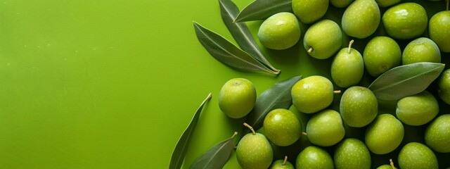 Fresh Green Olives on Branches With Leaves Against a Green Background - obrazy, fototapety, plakaty