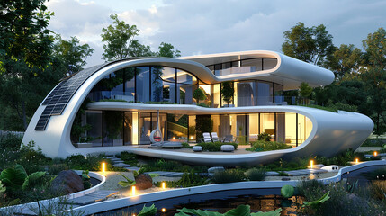A futuristic home design integrating solar panels seamlessly into its architecture, showcasing the...
