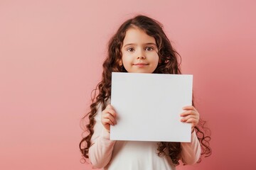 Young girl holding blank white paper on pink background
