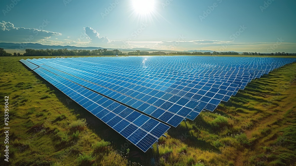 Poster aerial high view of a solar farm in a grassland on a sunny day. generative ai.