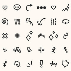 Set of pixel doodles. Cartoon anime icons. Vector isolated illustration