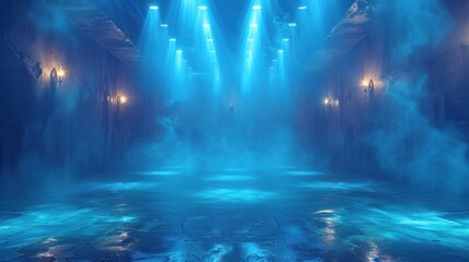 a dimly lit room with blue lights on the ceiling and a pool of water in the middle of the room.