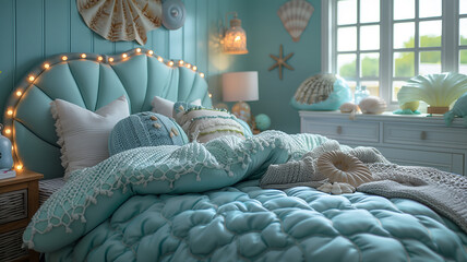 Whimsical mermaid-themed kids' room features aquatic accents, evoking underwater adventures - obrazy, fototapety, plakaty