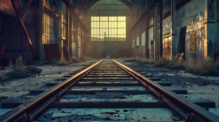Fototapeta na wymiar Railroad Tracks Leading into Sunset, Perspective Journey, Steel Rails in Tranquil Evening Light