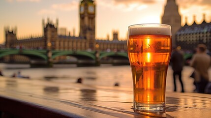 A pint of beer on the background of the Houses of Parliament, London,