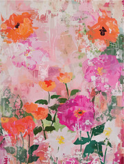 A vibrant painting featuring pink and orange flowers against a soft pink background, creating a lively and enchanting scene