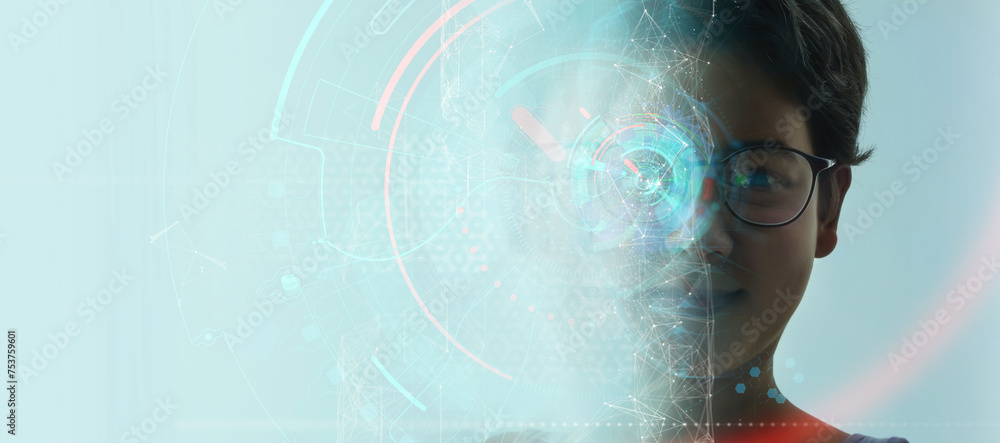 Poster AI advancement powered Machine learning concept dynamic portrait of a woman with a fair complexion featuring a fusion of technology Half of her face transitions into Big Data science and innovations.