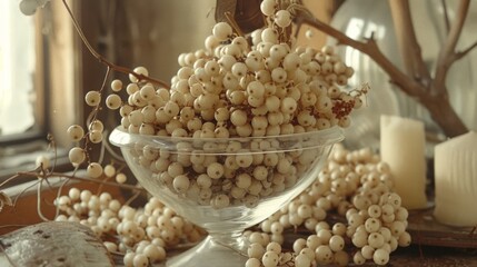  a glass bowl filled with white berries sitting on top of a table next to a candle and a candle holder.