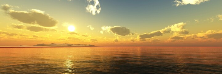 Panorama of sea sunset, ocean sunrise, seascape, 3d rendering
