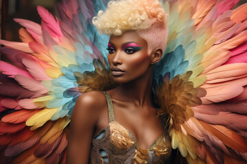 A dark-skinned African LGBTQ+ with short blonde hair, wearing a cabaret outfit and angel wings made of rainbow-colored feathers - obrazy, fototapety, plakaty