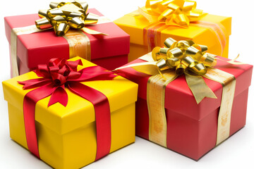 Obraz premium Festive gift boxes decorated with shiny bows. Close up