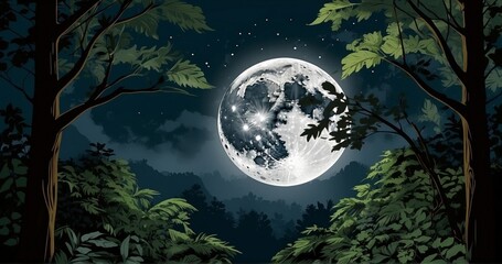 Illustrate the full moon peeking through a dense canopy of trees, emphasizing the natural elements in the foreground. Pay attention to the realistic shadows, moonlight filtering -AI Generative - obrazy, fototapety, plakaty