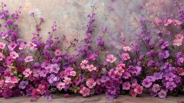 a painting of purple and pink flowers in front of a stucco wall with a painting of pink and purple flowers in front of a stucco wall.