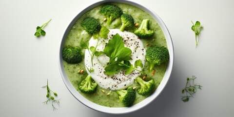 Cream of broccoli soup top view. Vegetarian vegetable soup. Light background. Generative AI