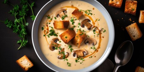 Top view of mushroom soup with croutons, bowl of soup on dark background. Generative AI