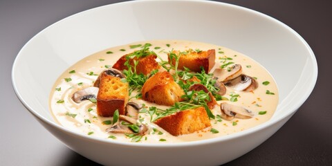 Classic mushroom soup puree with croutons, healthy eating. Generative AI