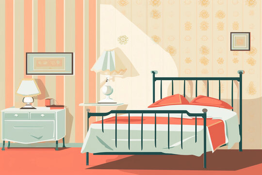 a vintage poster of a bedroom, pastel colors, flat design, plain background © pcperle