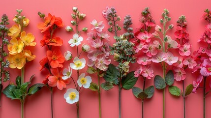 a row of colorful flowers sitting on top of a pink table next to a green leafy plant on top of a pink wall.