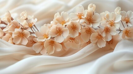a close up of a flower on a white cloth with a blurry background of flowers on a white cloth.