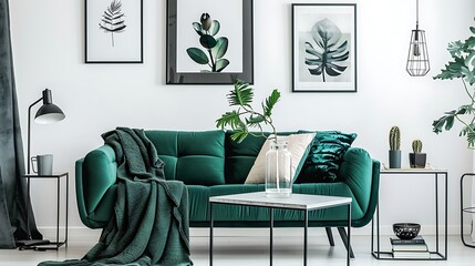 Black table next to sofa with green blanket in cozy apartment interior with gallery of posters